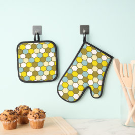 Zeshoekpatroon in geel, groen en blauw ovenwant & pannenlap set
