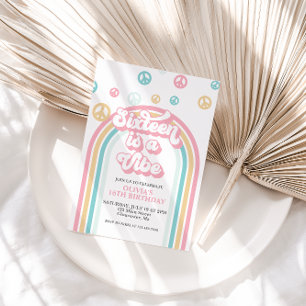 Zestien is een Vibe Retro Summer Rainbow-uitnodigi Kaart