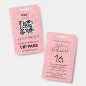 Zestien Verjaardagsfeest VIP PAS Roze Glitters Badge (Voor- en achterkant)