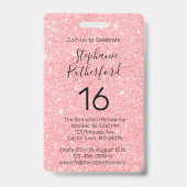 Zestien Verjaardagsfeest VIP PAS Roze Glitters Badge (Achterkant)