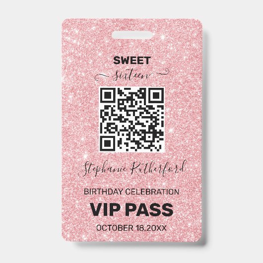 Zestien Verjaardagsfeest VIP PAS Roze Glitters Badge (Voorzijde)
