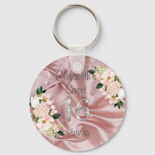 Zestien Zoete Roze Satijnen Bloemen Feest Favor  Sleutelhanger (Voorkant)