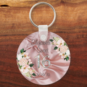Zestien Zoete Roze Satijnen Bloemen Feest Favor Sleutelhanger