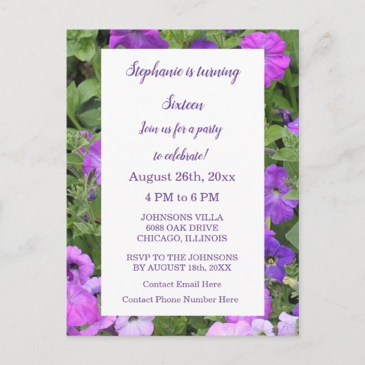 Zestiende Verjaardag Bloemig Roze Paarse Petunia 2 Briefkaart (Voorkant)