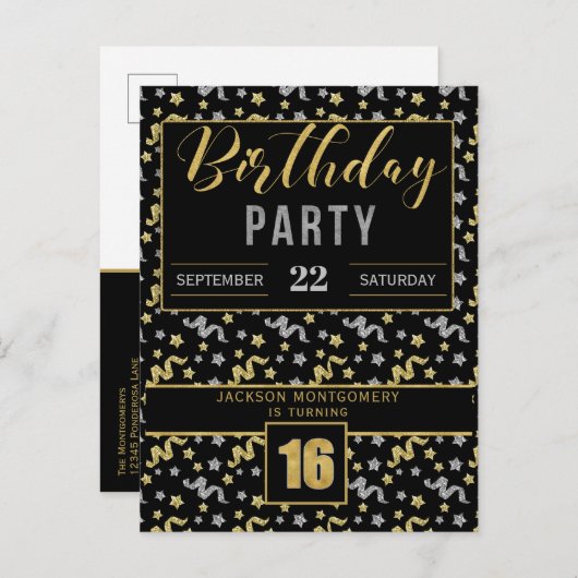 Zestiende verjaardag Confetti in Zwart en Goud Uitnodiging Briefkaart (Voorkant / Achterkant)