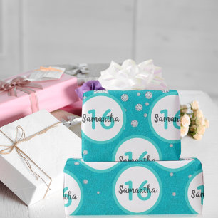 zestiende verjaardag turkoois groene glitter diama cadeaupapier