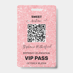 Zestiende Verjaardagsfeest VIP PAS Roze Glitters Badge