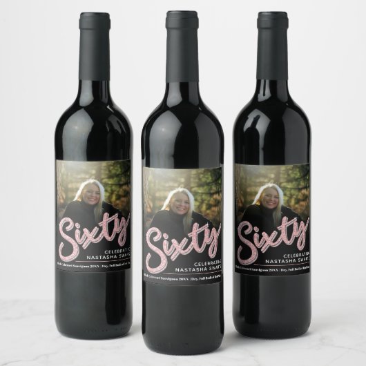 Zestig 60e geboortedag fotoscript glitter roze wijn etiket (Flessen)