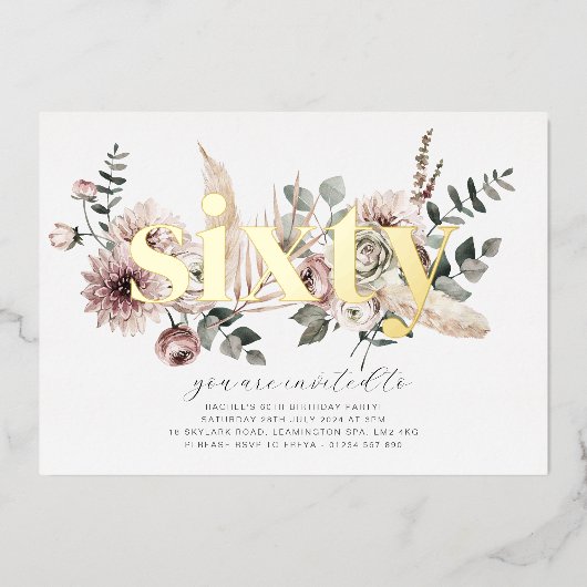 Zestig bloemen - 60ste verjaardag - Goud Folie Uitnodiging (Voorkant)