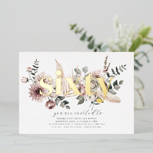 Zestig bloemen - 60ste verjaardag - Goud Folie Uitnodiging (Staand Voorkant)
