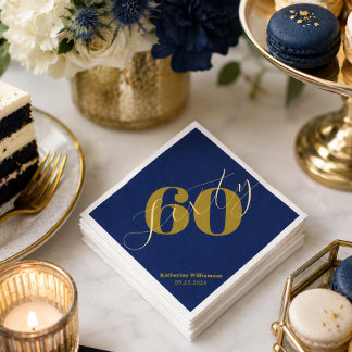 Zestig Elegante Blauwe & Gouden 60e Verjaardagsuit Servet