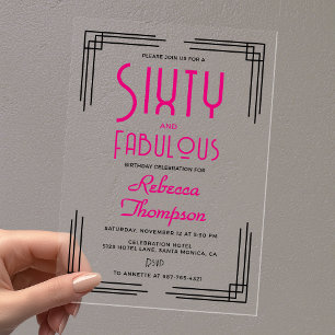 Zestig en Fabulous Hot Pink Art Deco 60ste Verjaar Acryl Uitnodigingen