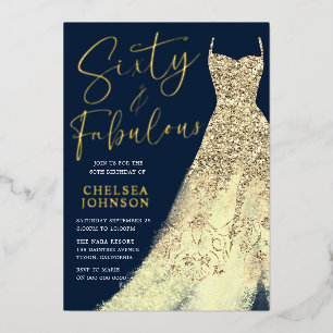 Zestig en fantastisch! Sparkle gouden jurk 60e ver Folie Uitnodiging