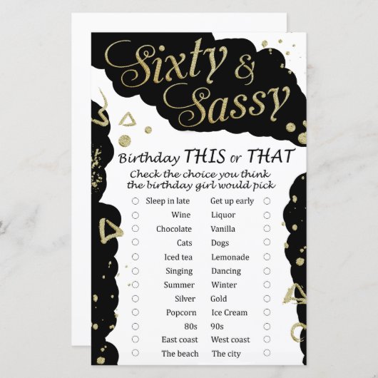 Zestig en sassy Birthday dit of dat spel (Voorkant / Achterkant)