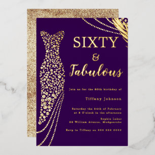Zestig & Fabulous Paarse & Gouden Jurk 60e Verjaar Folie Uitnodiging