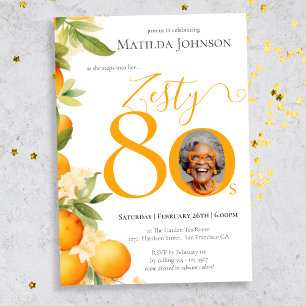 Zesty Orange Photo 80th Birthday Party Invitation
