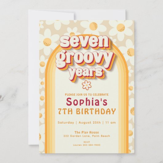 Zeven groovy jaar 7e verjaardag uitnodiging | retr (Voorkant)
