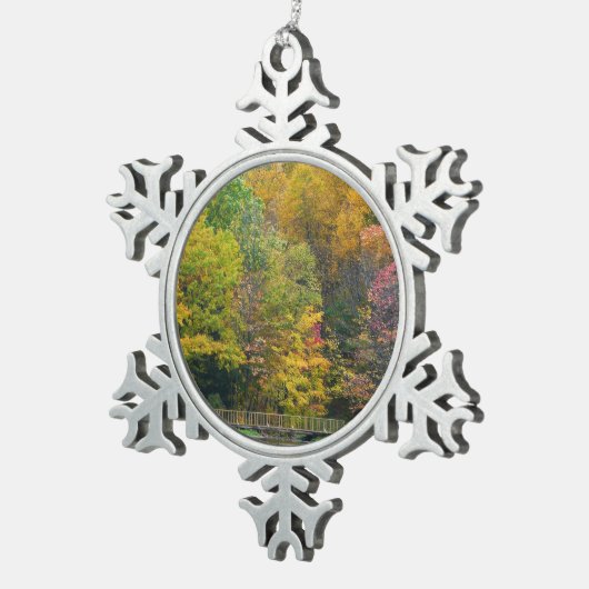 Zeven Herfst Bridge II Autumn Landschap Tin Sneeuwvlok Ornament (Rechts)