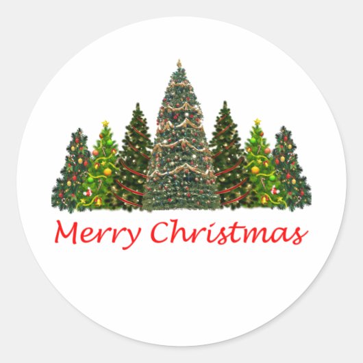 Zeven kerstbomen, vrolijk kerstfeest ronde sticker (Voorkant)