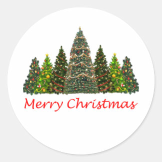 Zeven kerstbomen, vrolijk kerstfeest ronde sticker