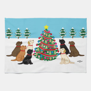 Zeven labradors en kerstboom theedoek