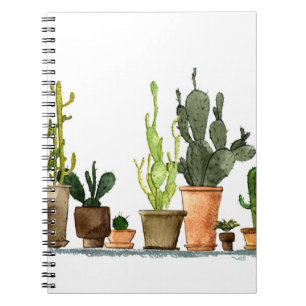 Zeven met de hand getrokken groene waterverf cactu notitieboek