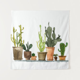 Zeven met de hand getrokken groene waterverf cactu wandkleed