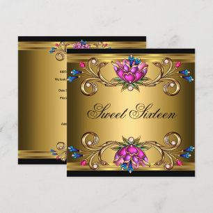 Zeven Zestiende 16 Verjaardagsfeest Zwart Goud Roz Kaart