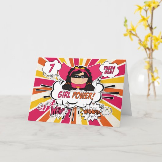 Zevende verjaardag Meisjes Super Kinder Roze strip Kaart (Gele Bloem)