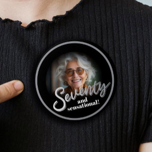 Zeventig 70ste verjaardag foto script zilver zwart ronde button 3,2 cm
