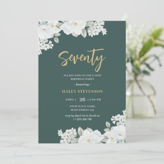 Zeventig Smaragd Groen & Goud Wit Bloemen Verjaard Kaart (Staand voorkant)
