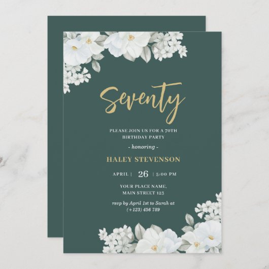 Zeventig Smaragd Groen & Goud Wit Bloemen Verjaard Kaart (Voorkant / Achterkant)