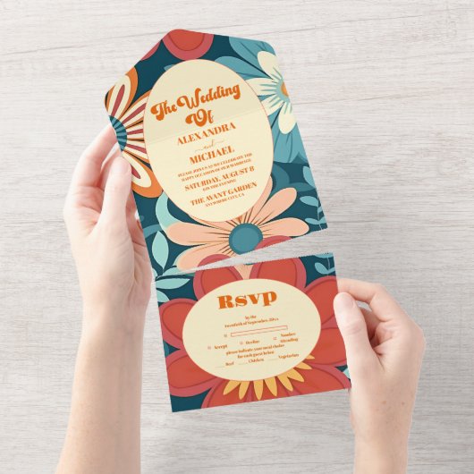 Zeventiger Retro Bloemenbruiloft All In One Uitnodiging (Afscheurbaar)