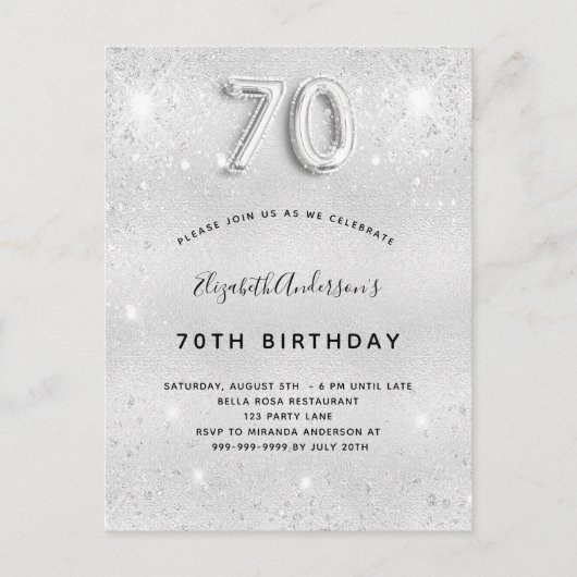 Zeventigste verjaardag zilveren sprankeltjes uitnodiging briefkaart (Voorkant)