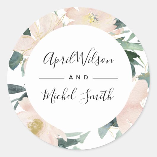 ZFT BLUSH GOLD FLORAL LIJST WATERVERF WEDING RONDE STICKER (Voorkant)