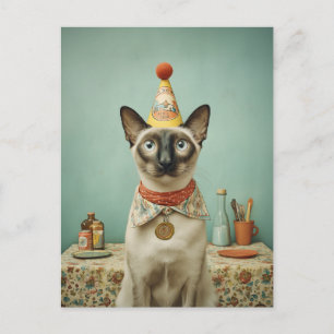 Zicht op een vintage Siamees kat met feesthoed Briefkaart