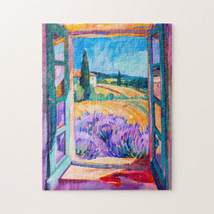 Zicht op lavendelvelden in de zomer. Schilderij Legpuzzel