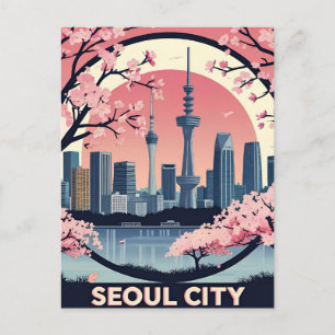 Zicht op moderne skyline van Seoul Retro Art Zuid- Briefkaart