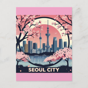 Zicht op moderne skyline van Seoul Retro Art Zuid- Briefkaart