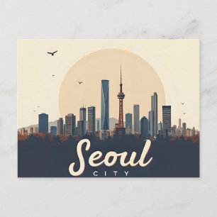 Zicht op moderne skyline van Seoul Retro Art Zuid- Briefkaart