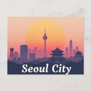 Zicht op moderne skyline van Seoul Retro Art Zuid- Briefkaart