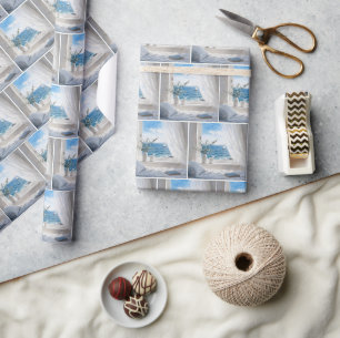 Zicht op oceaan met zeilboot in een open raam cadeaupapier