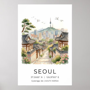 Zicht op Seoul-landschap Waterverf stadsgezicht me Poster