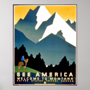 Zie Amerika, welkom bij de Montana bergen, vintage Poster