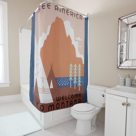 Zie Amerika Welkom in Montana, Oude Reisposter Douchegordijn (In situ)