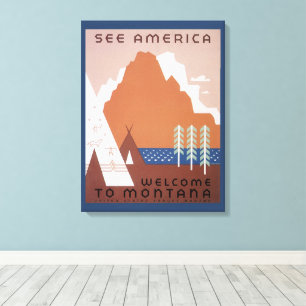 Zie Amerika Welkom in Montana, Vintage Reis Canvas Afdruk