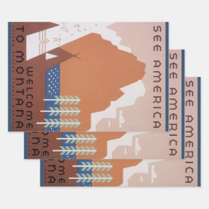 Zie Amerika Welkom in Montana, Vintage Reis Inpakpapier Vel