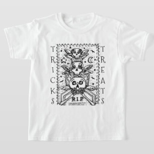 ZIE GEEN EVIL CEMETERY SKELETON TRICK OR TREAT T-SHIRT