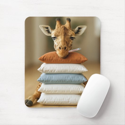 Zieke Giraffe Op Bed Kussen Stapel Muismat (Met muis)