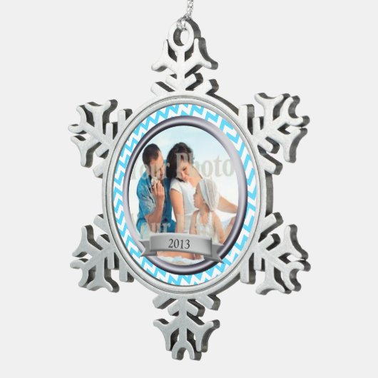 Zig Zag Patroon Fotoherinnering Tin Sneeuwvlok Ornament (Rechts)